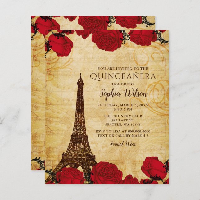 Papier Budget Rustique Tour Eiffel Quinceañera Invitation (Devant / Derrière)