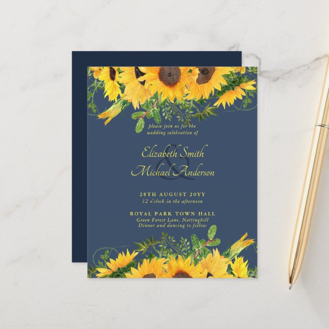 Papier BUDGET Rustique Tournesol Thème Mariage Invitation (Devant/Arrière en situation)