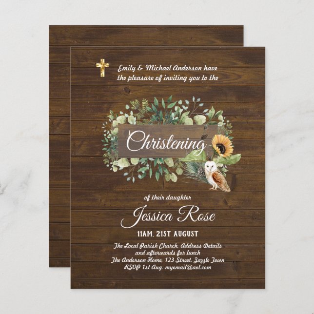 Papier BUDGET Rustique Woodland Christening Invitation Ba (Devant / Derrière)
