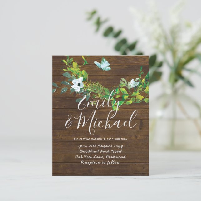 Papier Budget Rustique Woodland Green Wedding Invite (Debout devant)