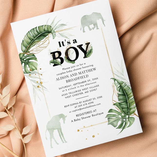 Papier Budget Safari Elephant Giraffe Boy Baby shower (Jungle Safari Boy Baby Shower Invitation)