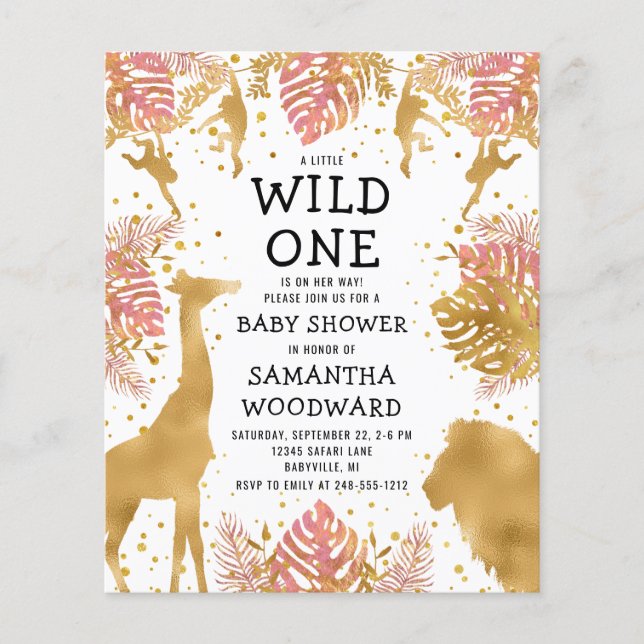 Papier Budget Safari fille Baby shower rose or Invitation (Devant)