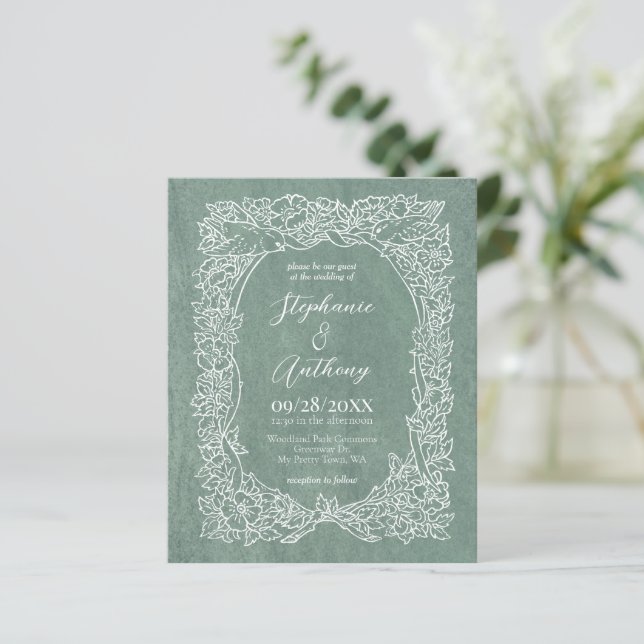Papier Budget Sage blanc Faire-part de mariage floral (Debout devant)