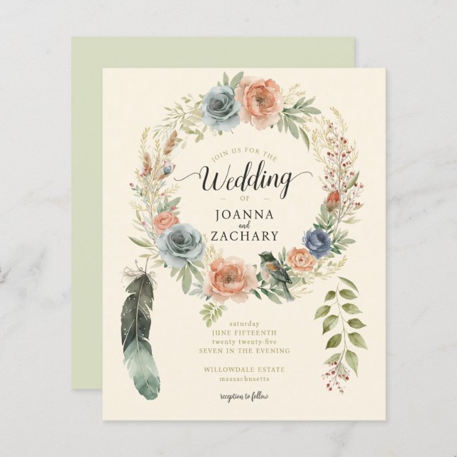 Papier Budget Sage Boho Aquarelle Floral Wedding Invitati (Devant / Derrière)