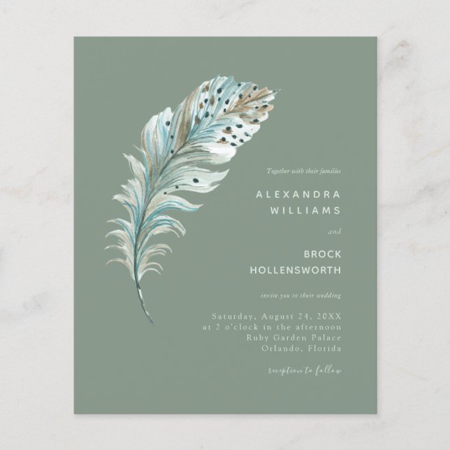 Papier Budget Sage Boho Feather Minimal Wedding Invitatio (Devant)