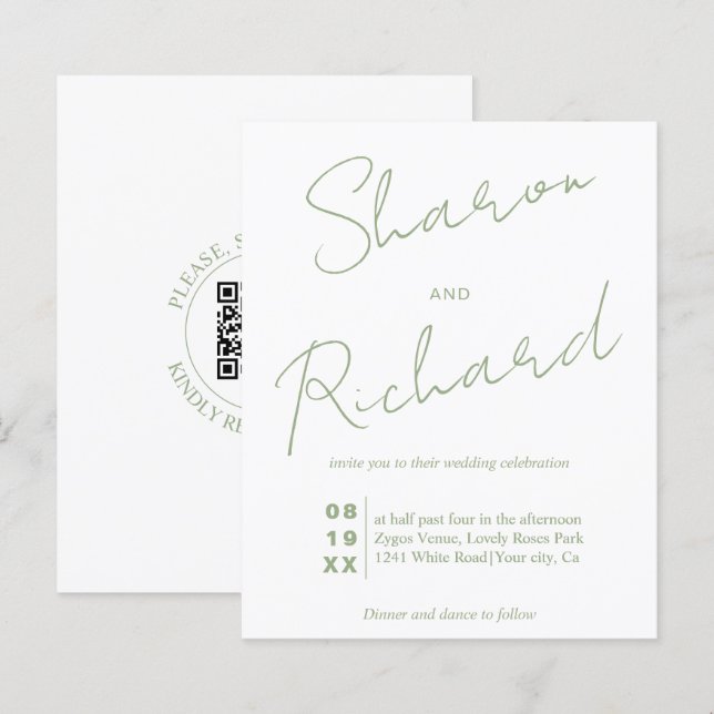Papier BUDGET Sage calligraphie verte QR code mariage (Devant / Derrière)