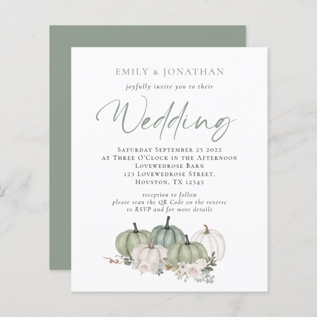 Papier Budget Sage Citrouilles Florals QR Wedding Invitat (Devant / Derrière)