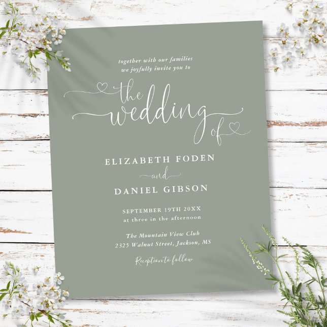 Papier Budget Sage Coeurs verts Script Mariage Invitation (Budget Sage Green Hearts Script Wedding Invite)