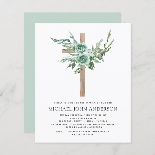 Papier Budget Sage Eucalyptus Baptême Vert Invitation (Devant / Derrière)