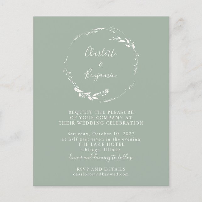 Papier Budget Sage Floral Wreath Script Wedding Invitatio (Devant)
