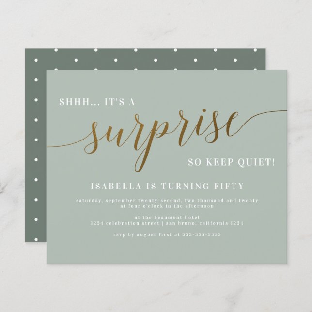 Papier Budget Sage & Gold Script Surprise fête d'annivers (Devant / Derrière)
