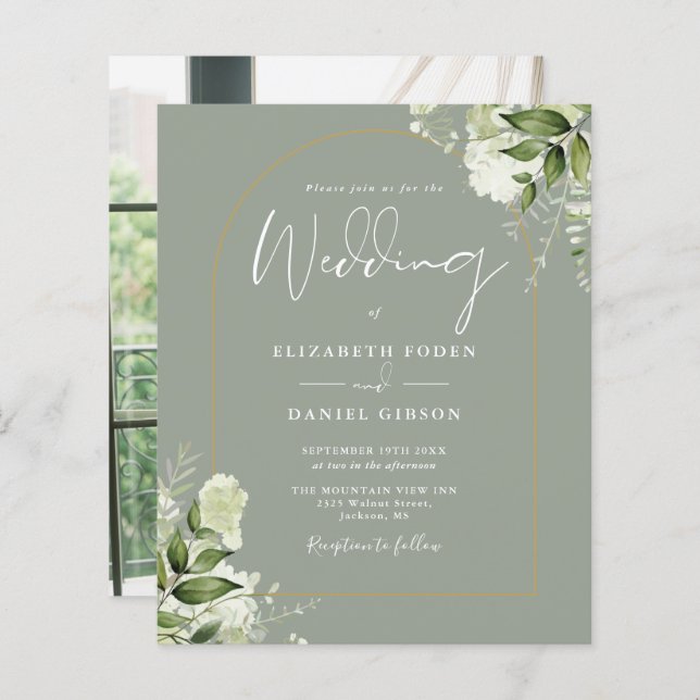 Papier Budget Sage Green Arc Floral Photo Mariage Invitat (Devant / Derrière)