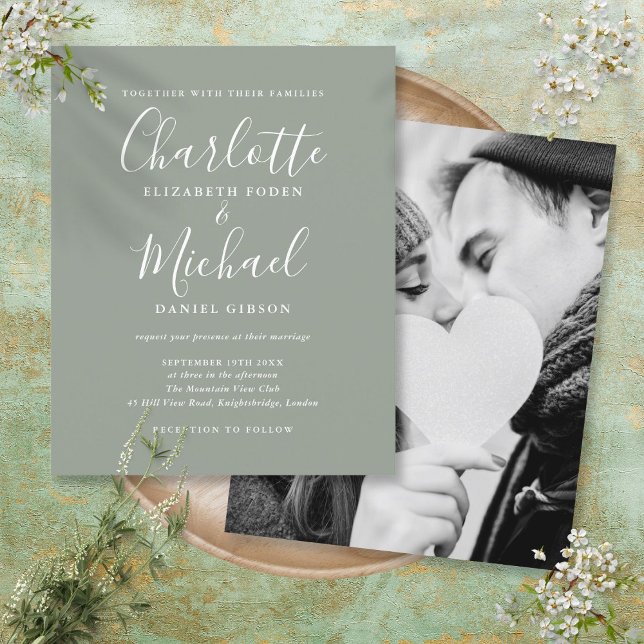 Papier Budget Sage Green Script photo (Budget Sage Green Script Photo Wedding Invitation)