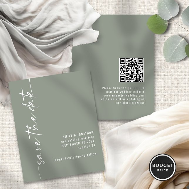 Papier Budget Sage Green Script QR Wedding Enregistrer la (Front and back view)