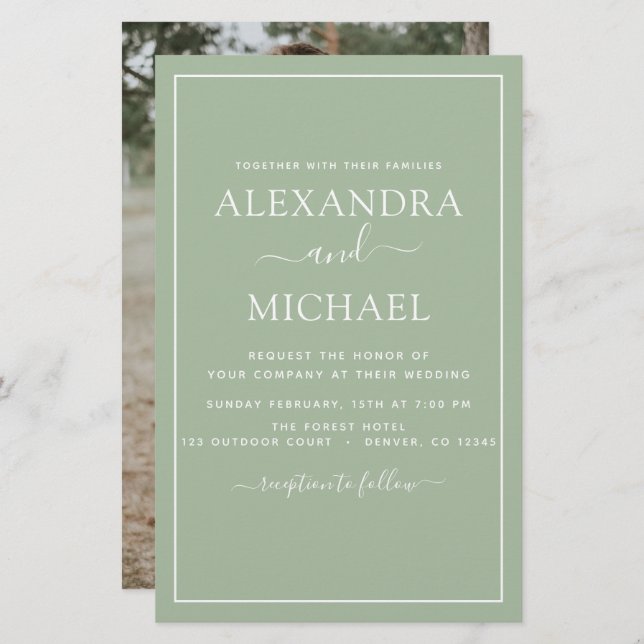 Papier Budget Sage Mariage vert avec invitation photo (Devant / Derrière)