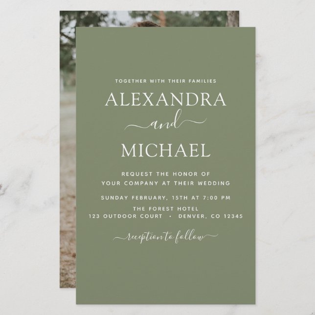 Papier Budget Sage Mariage vert avec invitation photo (Devant / Derrière)