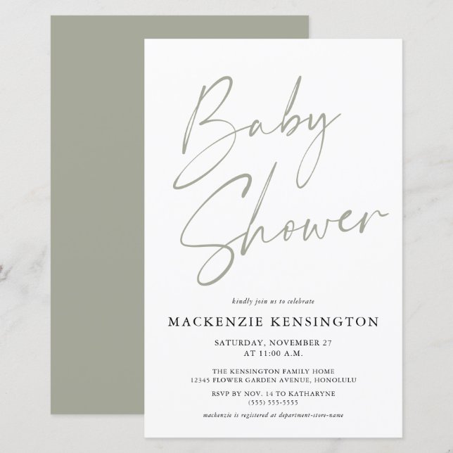 Papier Budget Sage Olive Green Simple Script Baby shower (Devant / Derrière)