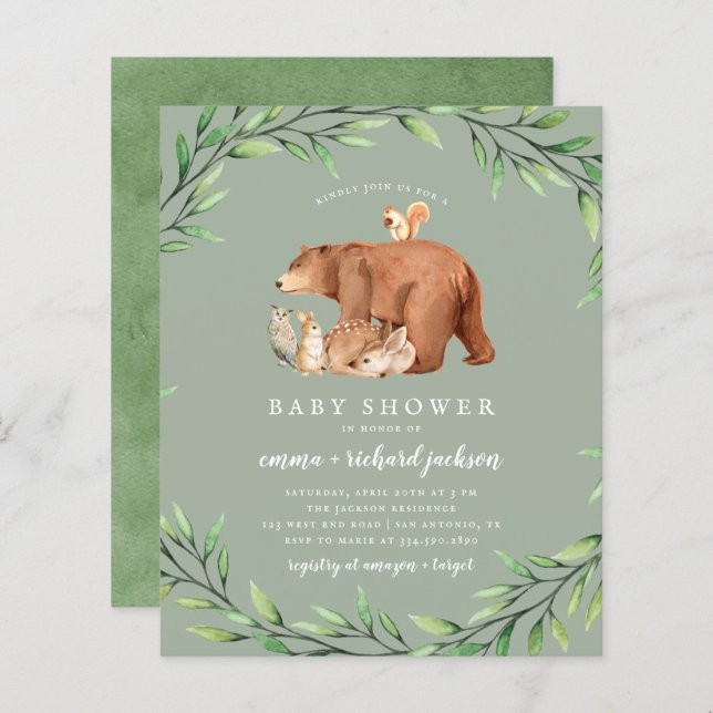 Papier Budget Sage Vert Forêt Animaux Baby shower (Devant / Derrière)