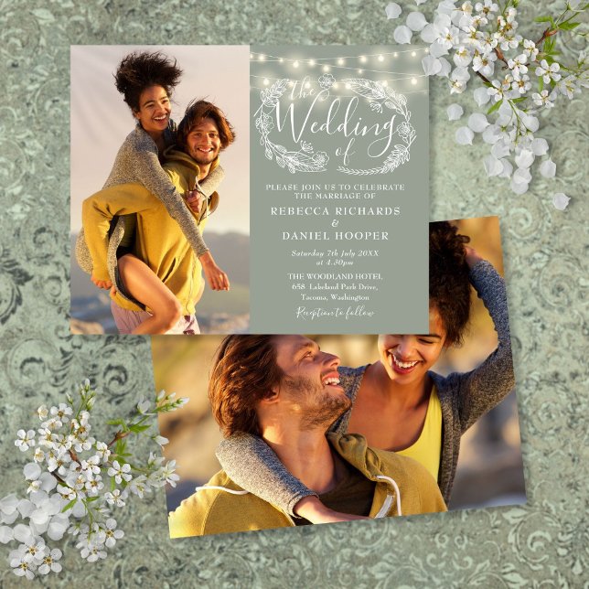 Papier Budget Sage Vert Lumières 2 Photo Mariage Invitati (Budget Sage Green Lights 2 Photo Wedding Invite)