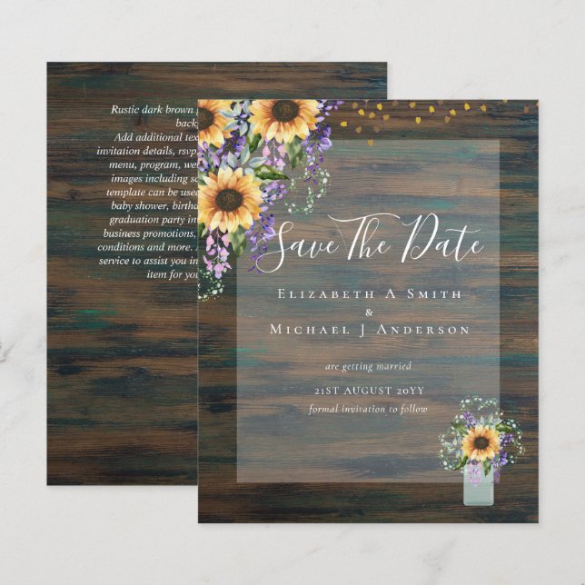 Papier BUDGET SAVE THE DATE Rustique Tournesols Violet (Devant / Derrière)