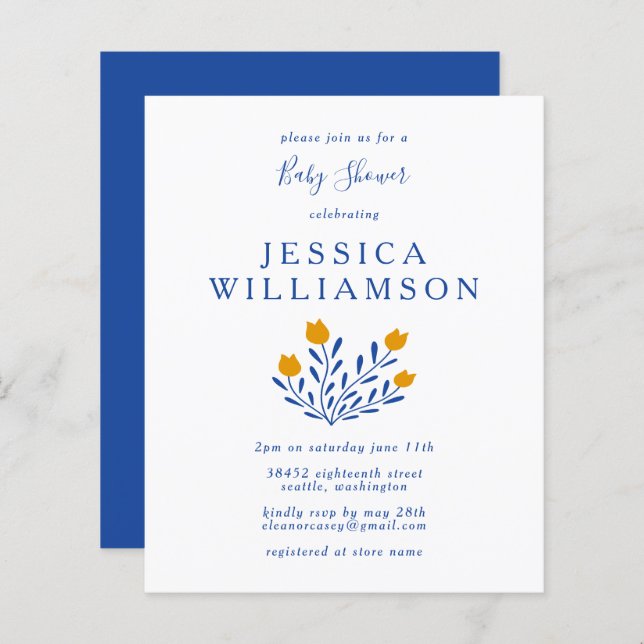 Papier Budget Scandi Blue Floral Baby shower Invitation (Devant / Derrière)