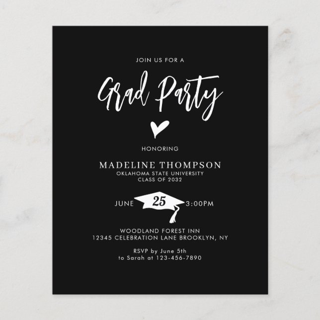 Papier BUDGET Script Coeur Grad Party Black Graduation (Devant)