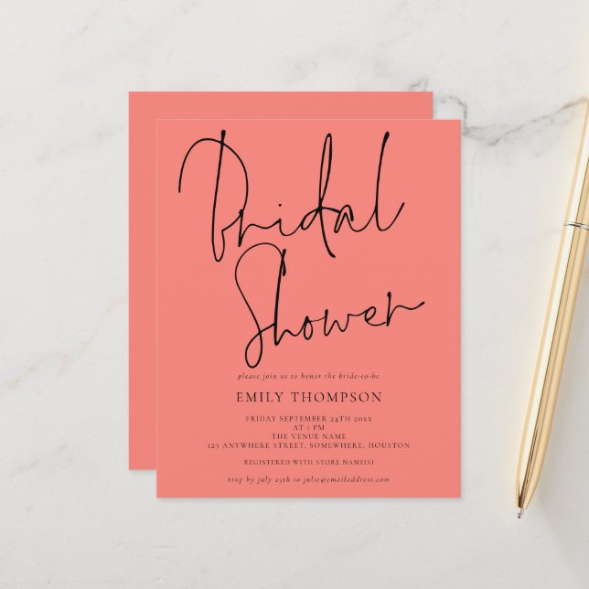 Papier Budget Script Coral Rose nuptiale douche Invitatio (Devant/Arrière en situation)