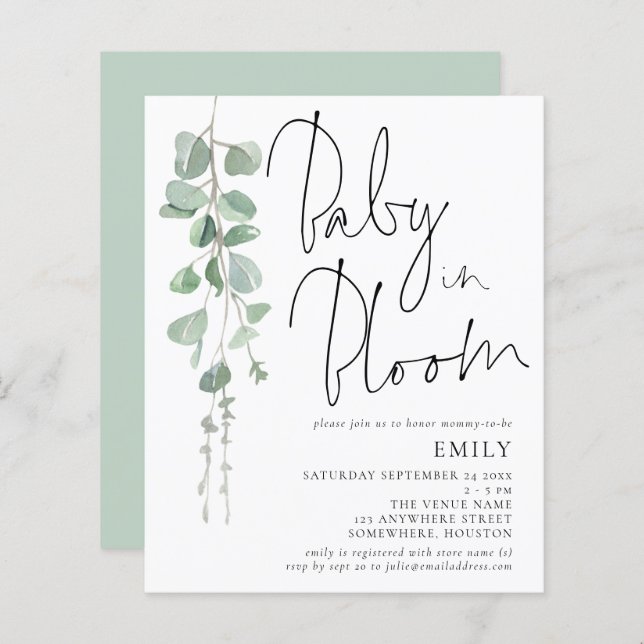 Papier Budget Script Eucalyptus Baby in Bloom Invitation (Devant / Derrière)