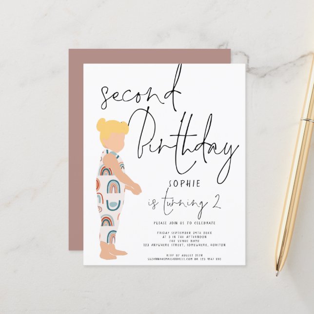 Papier Budget Script Girl Blonde 2e anniversaire Invitati (Devant/Arrière en situation)