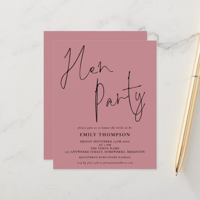 Papier Budget Script Hen Party Dusty Invitation Rose (Devant/Arrière en situation)