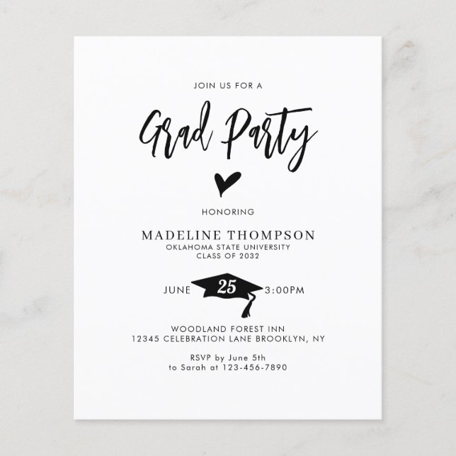 Papier BUDGET Script moderne Coeur Grad Party Graduation (Devant)