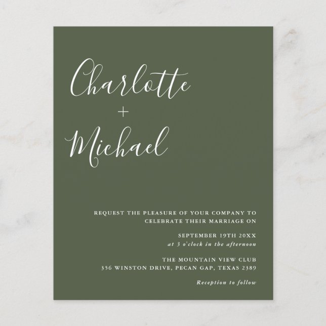 Papier Budget Script Olive Green Photo Faire-part de mari (Devant)