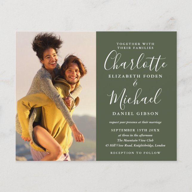 Papier Budget Script Photo Mariage Olive Green Invitation (Devant)