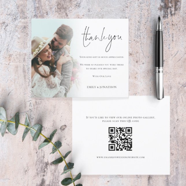 Papier Budget Script Photo QR Code Wedding Thank You (front and back view)