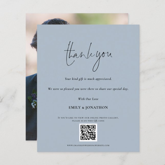 Papier Budget Script QR Code Mariage photo bleu Merci (Devant / Derrière)