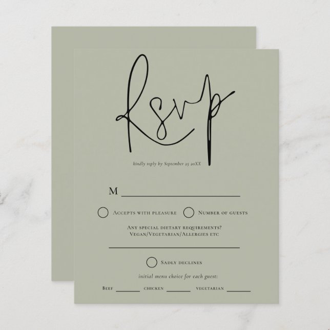 Papier Budget Script Sage Green Wedding RSVP (Devant / Derrière)