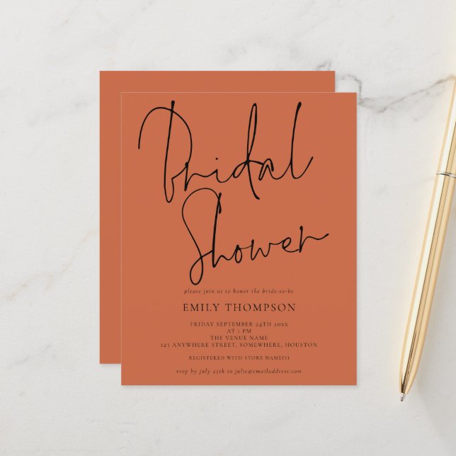 Papier Budget Script Terracotta Bridal Shower Invitation (Devant/Arrière en situation)