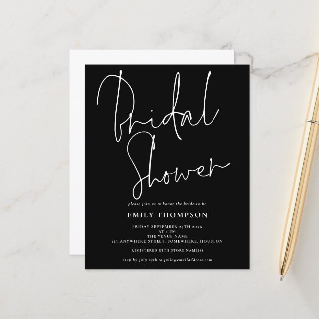 Papier Budget Script White Black Douche nuptiale Invitati (Devant/Arrière en situation)