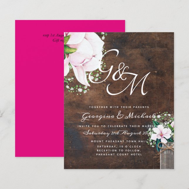 Papier BUDGET Shabby Pink Magnolia Chic Wedding Invitatio (Devant / Derrière)