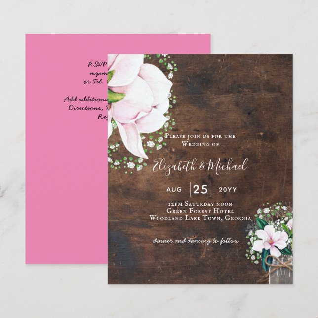 Papier BUDGET Shabby Pink Magnolia Chic Wedding Invitatio (Devant / Derrière)