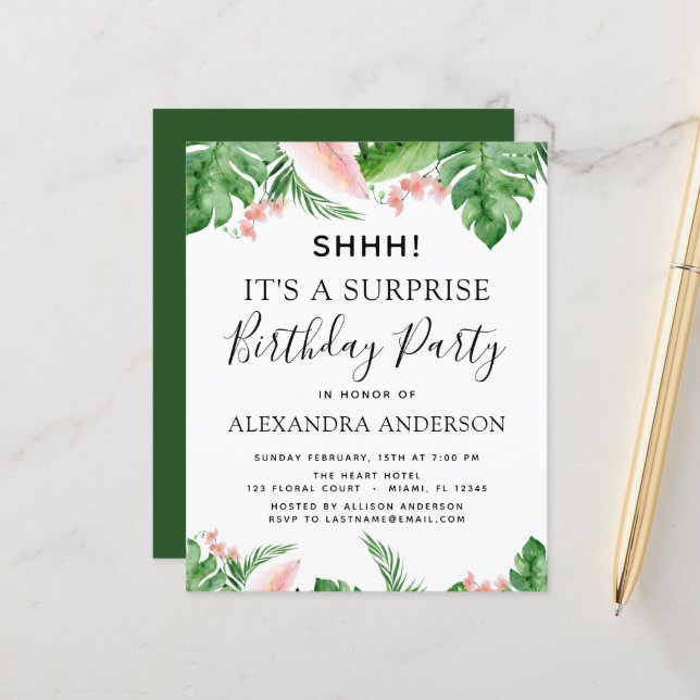 Papier Budget Shhh Surprise Anniversaire Fête Tropical (Devant/Arrière en situation)