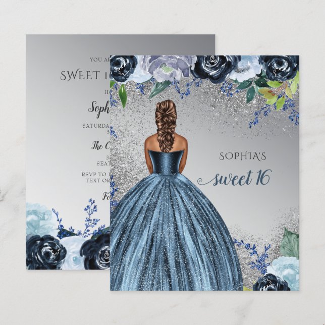 Papier Budget Silver Blue Robe Sweet 16 anniversaire (Devant / Derrière)