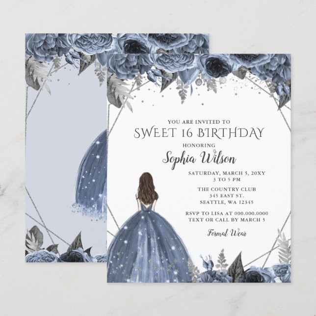 Papier Budget Silver Dusty Blue Robe Sweet 16 Invitation (Devant / Derrière)