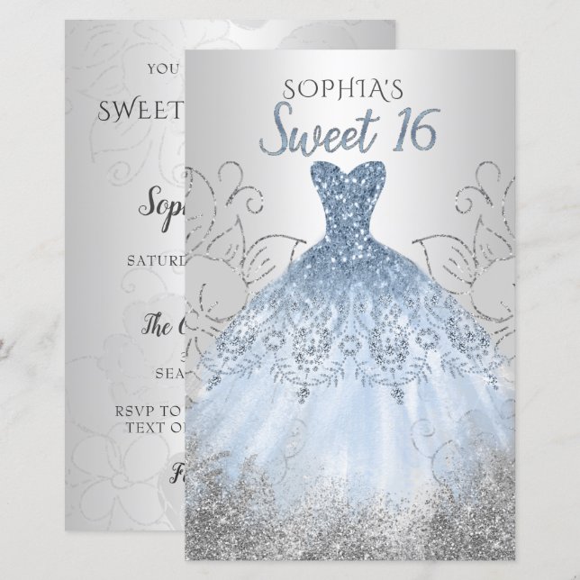Papier Budget Silver Dusty Blue Robe Sweet 16 Invitation (Devant / Derrière)