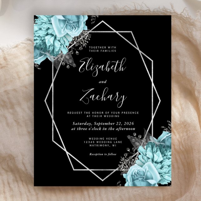Papier Budget Silver Frame Aqua Floral Black Wedding (Créateur téléchargé)