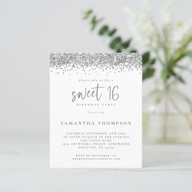 Papier Budget Silver Parties scintillant Sweet 16 Invitat (Debout devant)