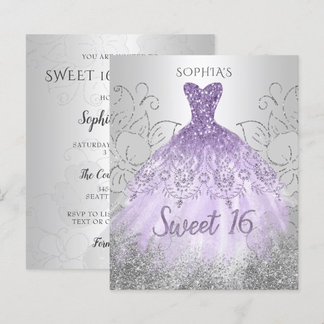 Papier Budget Silver Purple Robe Sweet 16 invitation (Devant / Derrière)