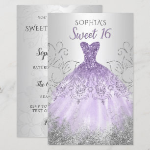 Papier Budget Silver Purple Robe Sweet 16 invitation