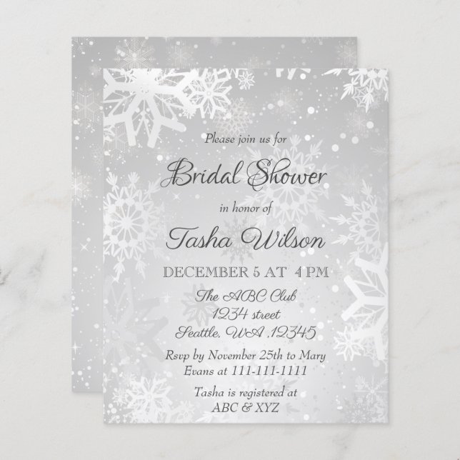 Papier Budget Silver Snowflakes Invitation de la douche n (Devant / Derrière)
