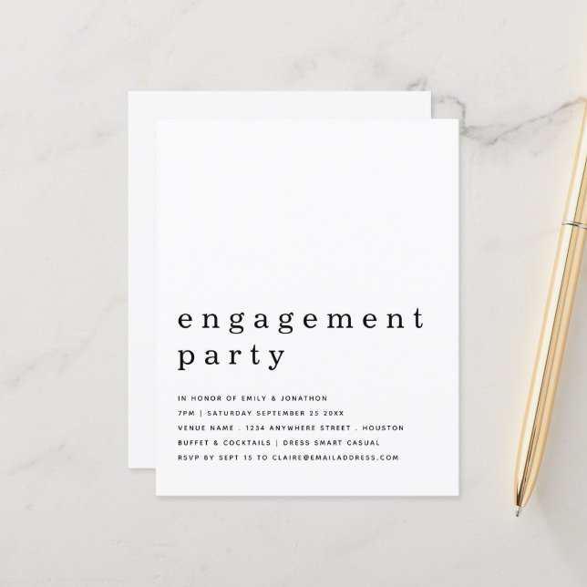 Papier Budget Simple Black White Engagement Invitation (Devant/Arrière en situation)